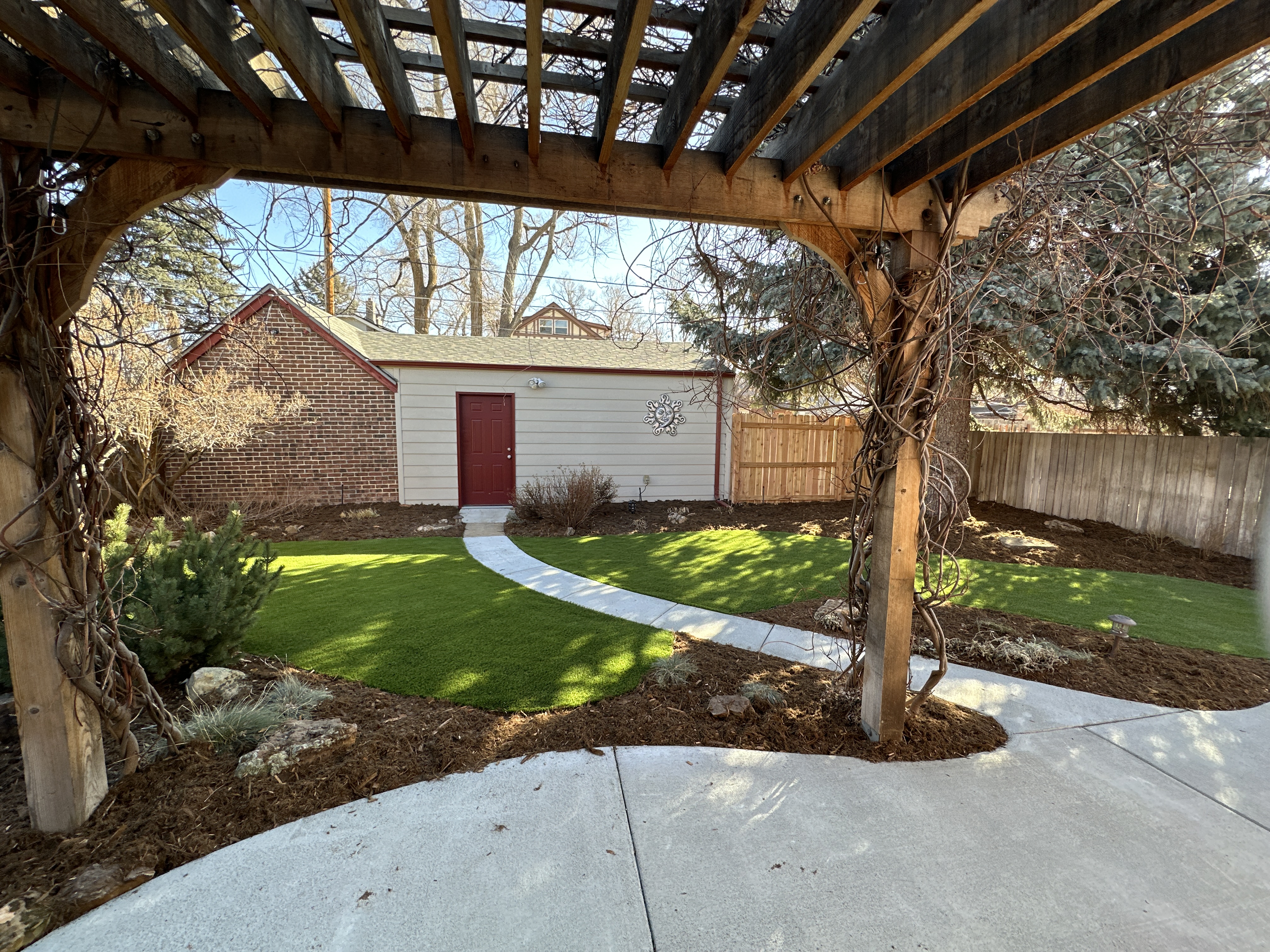 Aerial view of completed hardscape and landscape project by Blackpine Hardscapes